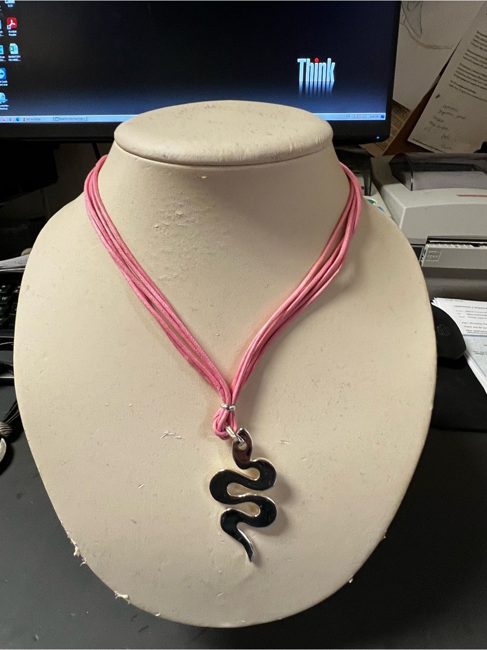 Pink Cord Necklace with Black Snake Pendant